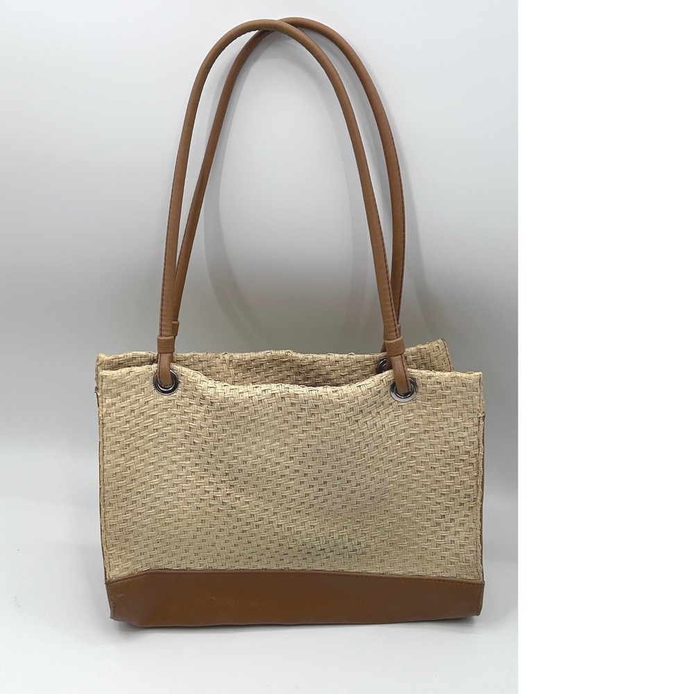 Sag Harbor Woven Straw Tote Shoulder Bag Tan Faux Leather Resort Beach Purse